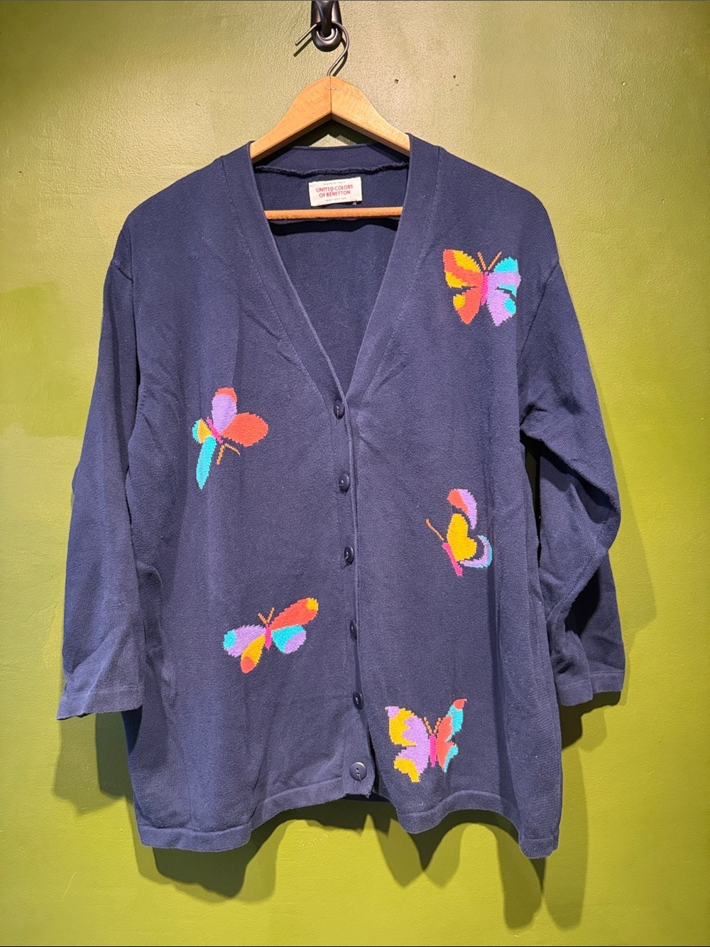 Vintage United Colors of Benetton Navy Cardigan with Colorful Butterfly Motifs